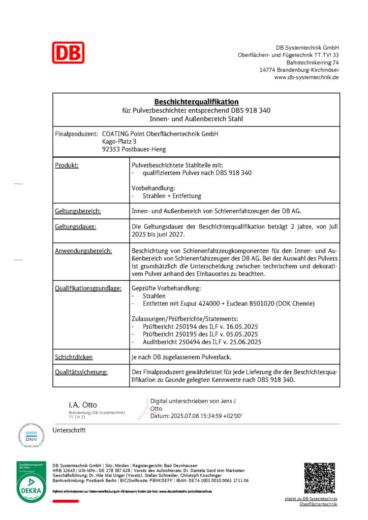 Zertifikat: Beschichterqualifikation der DB Systemtechnik für Stahl
